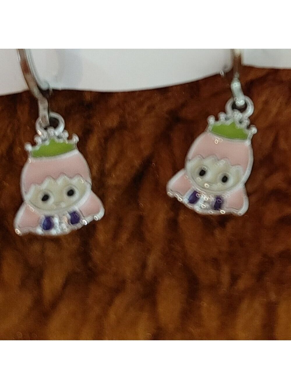 Childrens Cute Princess Earrings Leverback with Pink & Green Enamel